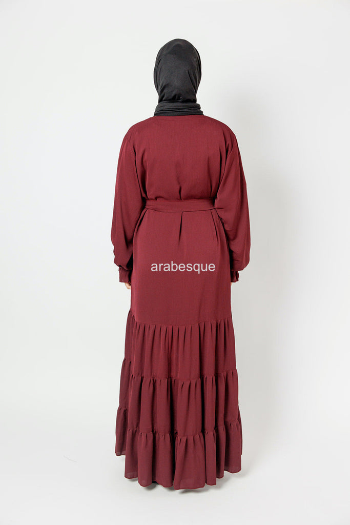 Maroon Tiered Closed Abaya – Textured Fabric, Belted with Cuffed Sleeves