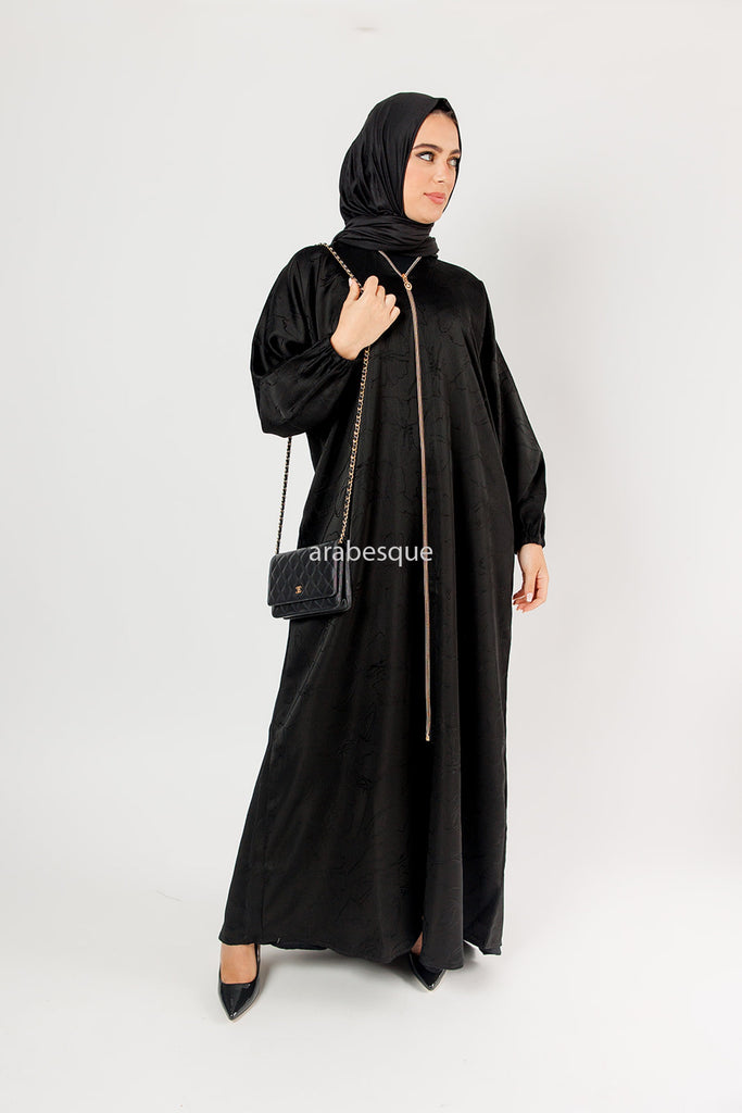 Black Zip Front Abaya – Floral Pattern Design