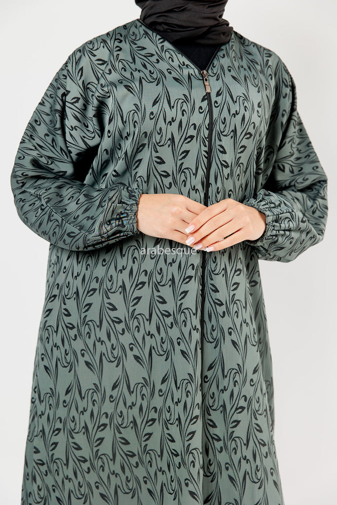Dark Sea Green Zip Front Abaya – Leaf Pattern Design
