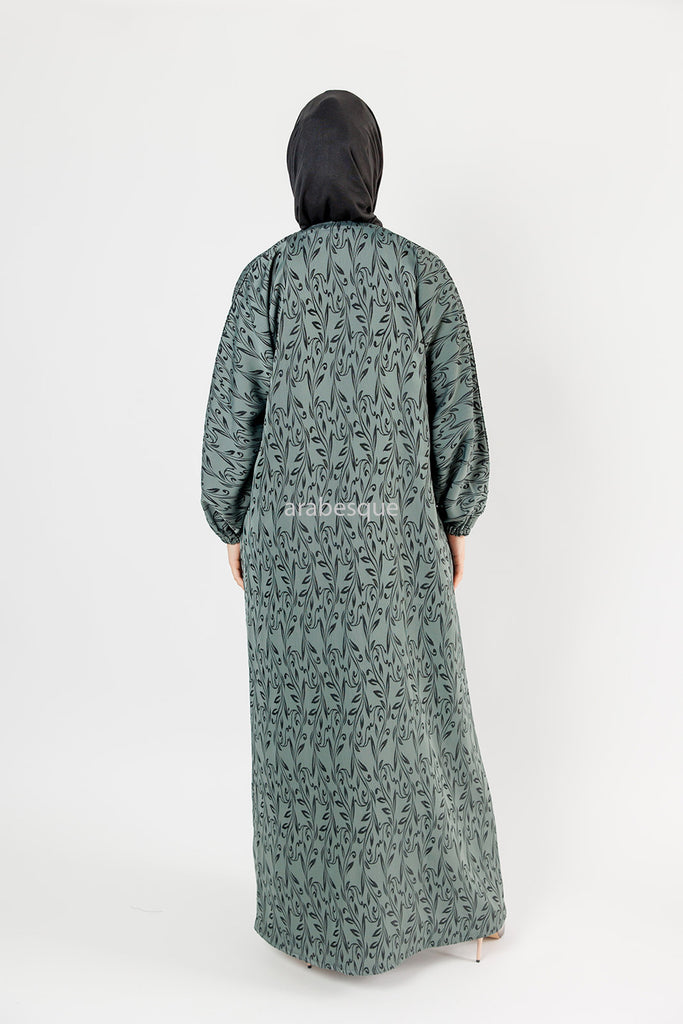 Dark Sea Green Zip Front Abaya – Leaf Pattern Design