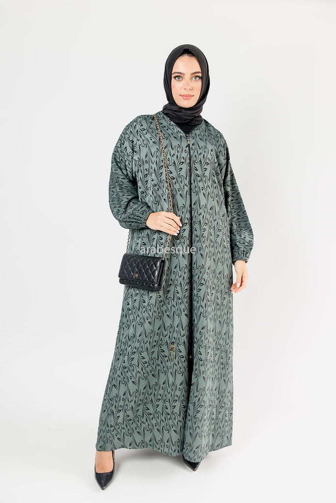 Dark Sea Green Zip Front Abaya – Leaf Pattern Design