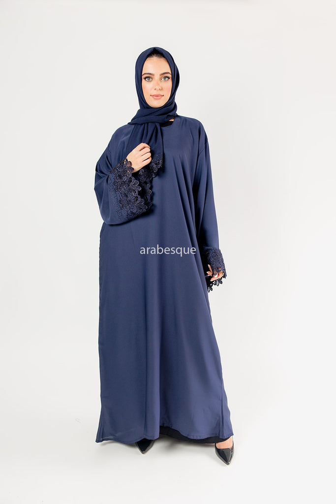 Navy Closed Abaya – Elegant Floral and Diamanté Needle Lace Sleeve Design