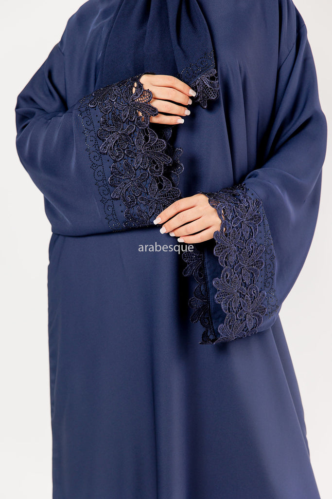 Navy Closed Abaya – Elegant Floral and Diamanté Needle Lace Sleeve Design