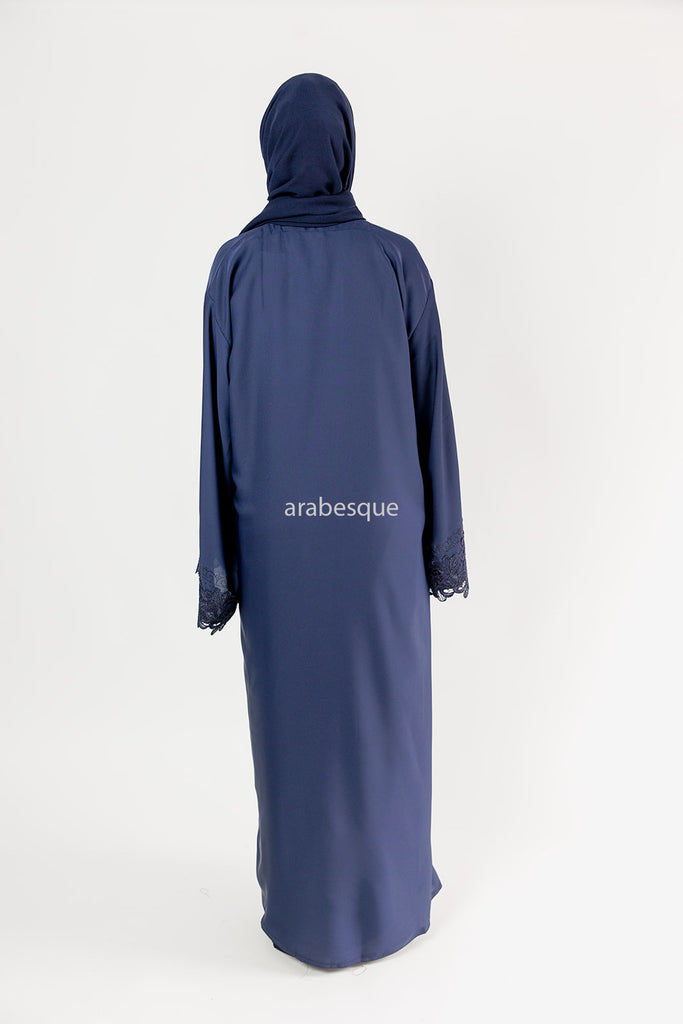 Navy Closed Abaya – Elegant Floral and Diamanté Needle Lace Sleeve Design