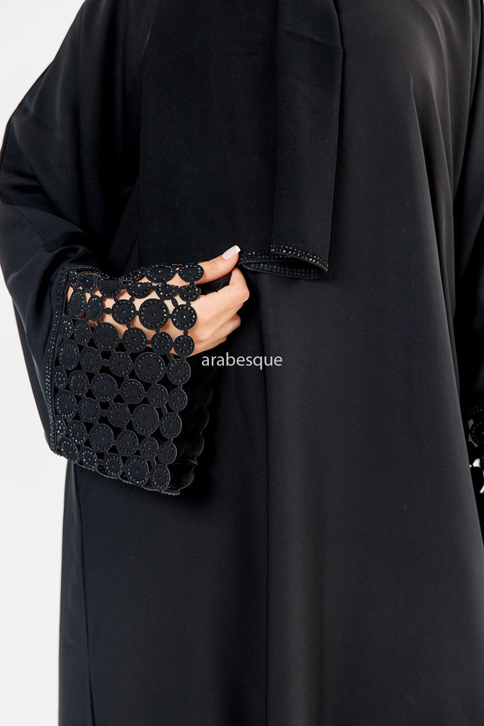 Black Open Abaya - With Circle Lace Sleeves