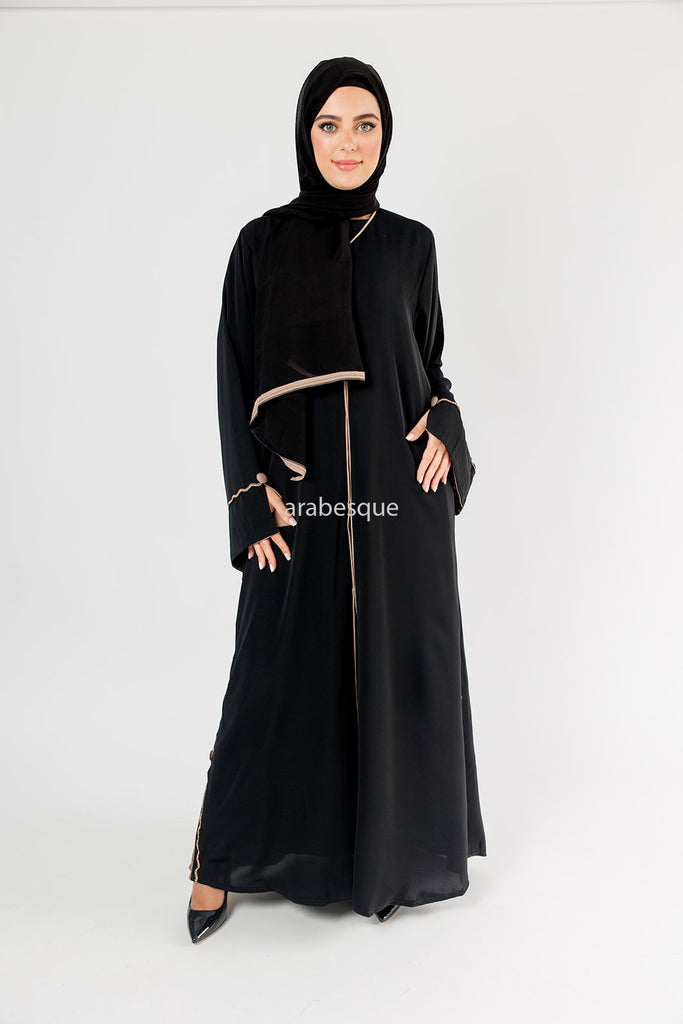 Black Open Abaya – Luxury Diamante Design with Taupe Contrast Detailing