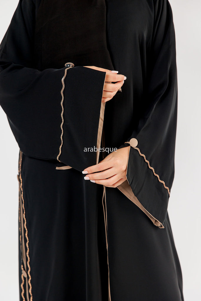 Black Open Abaya – Luxury Diamante Design with Taupe Contrast Detailing