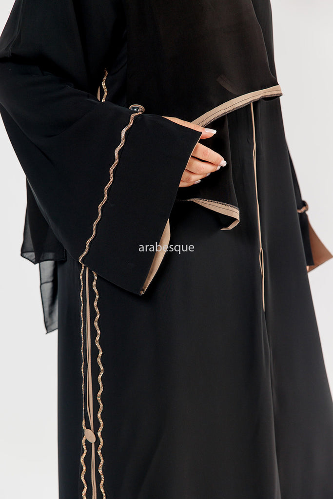 Black Open Abaya – Luxury Diamante Design with Taupe Contrast Detailing