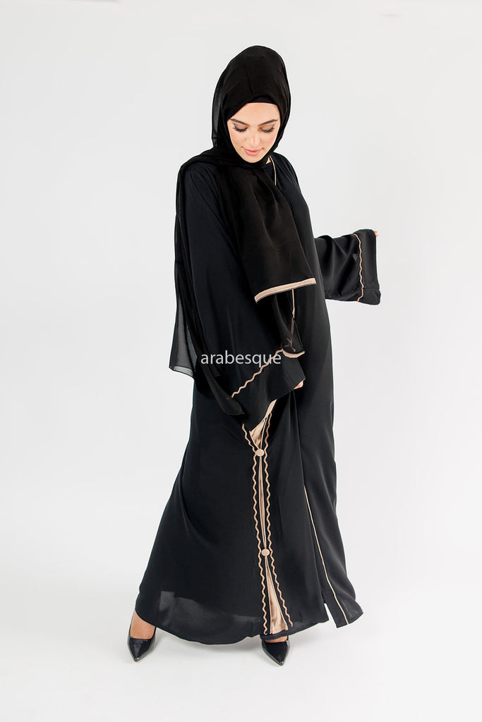 Black Open Abaya – Luxury Diamante Design with Taupe Contrast Detailing