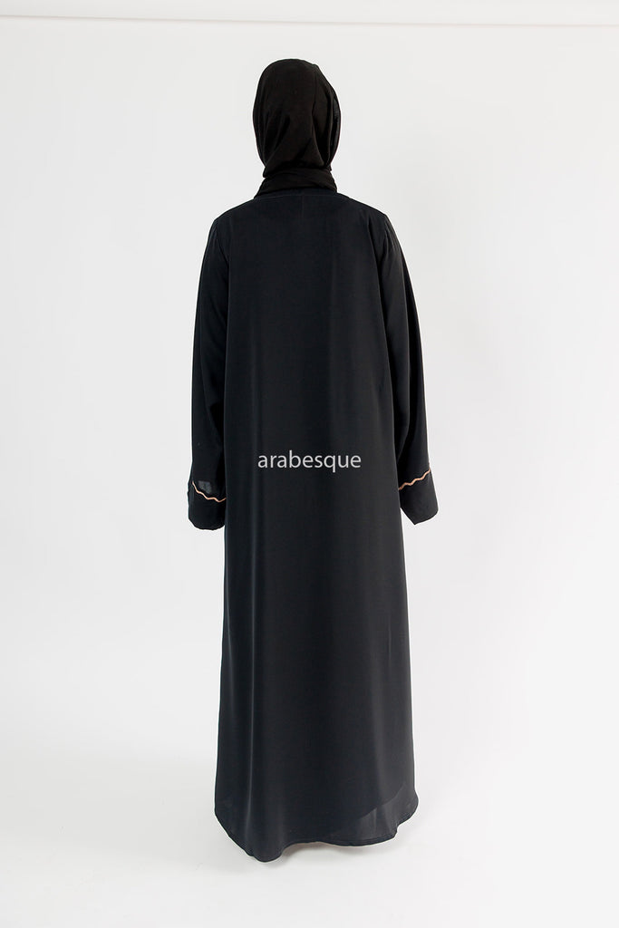 Black Open Abaya – Luxury Diamante Design with Taupe Contrast Detailing