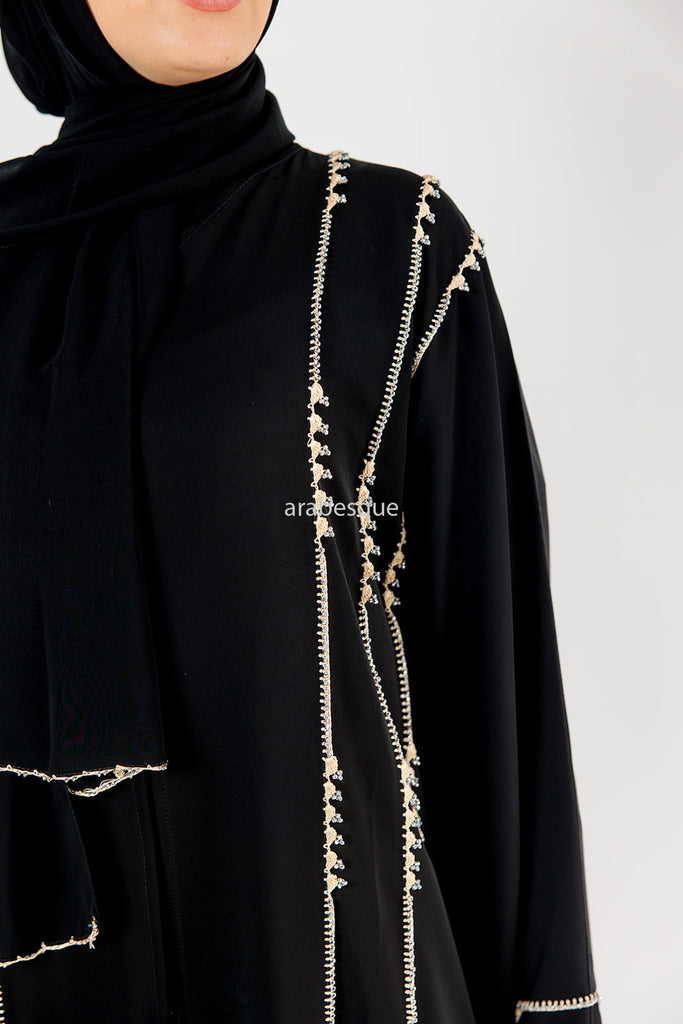 Black Open Abaya – Gold Luxury Threaded Beaded Trim Design