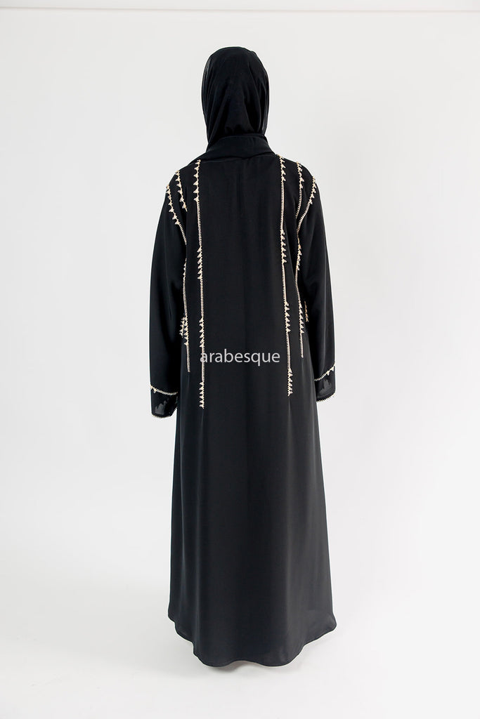Black Open Abaya – Gold Luxury Threaded Beaded Trim Design