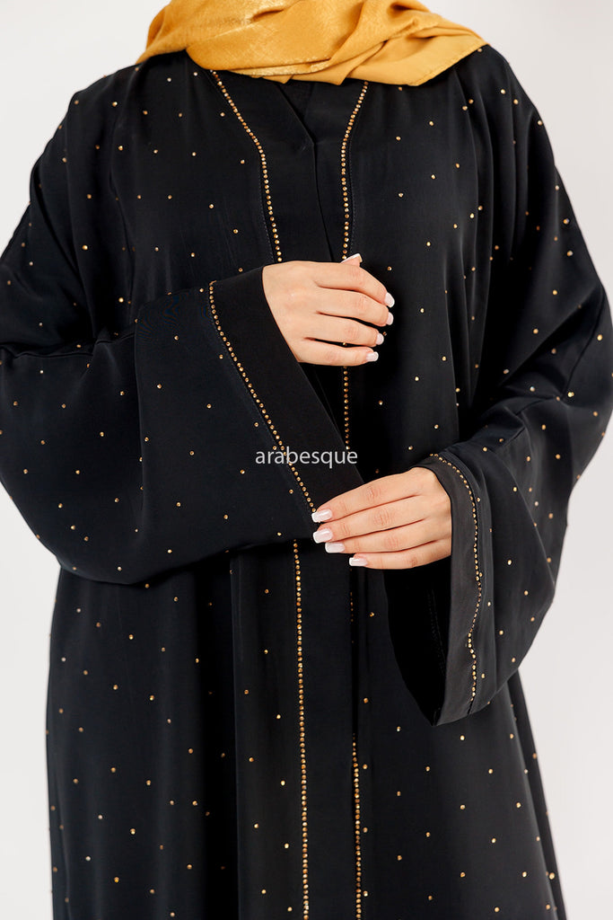 Black Open Abaya – Luxury Gold Diamanté Embellished Design