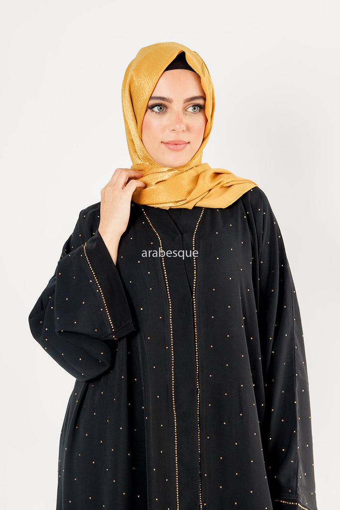 Black Open Abaya – Luxury Gold Diamanté Embellished Design