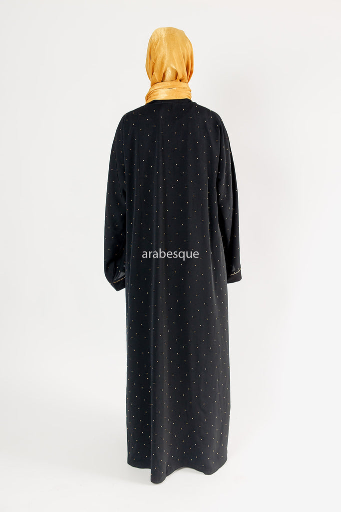 Black Open Abaya – Luxury Gold Diamanté Embellished Design