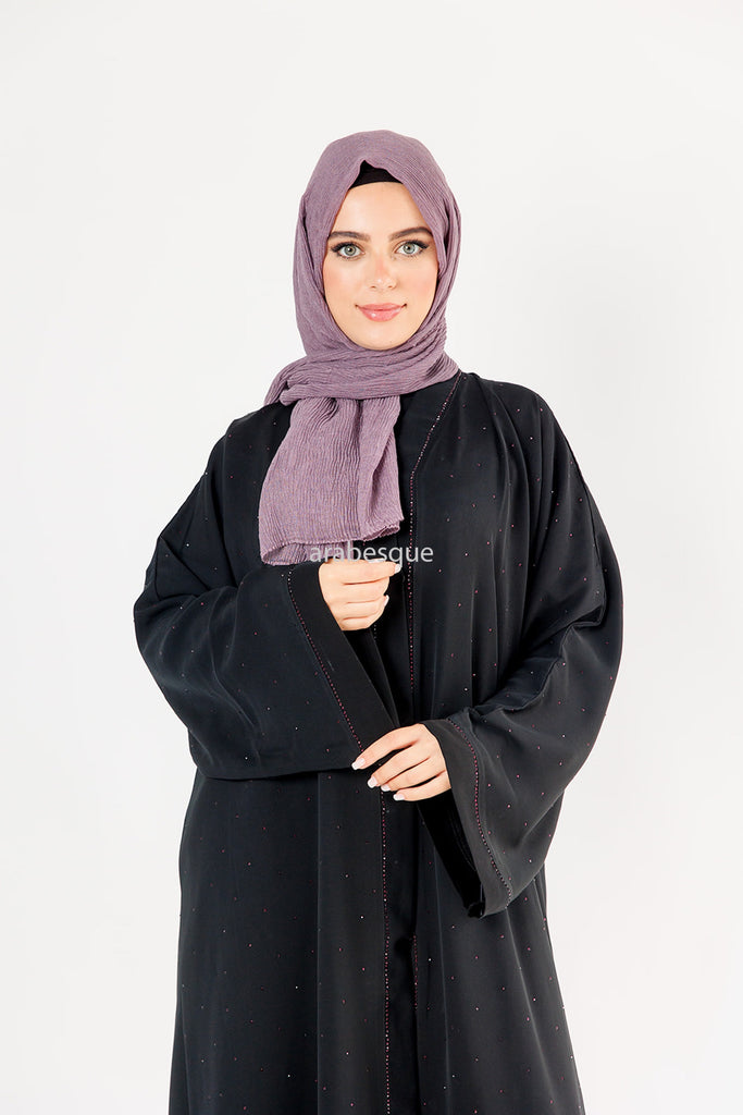 Black Open Abaya – Luxury Purple Diamanté Embellished Design
