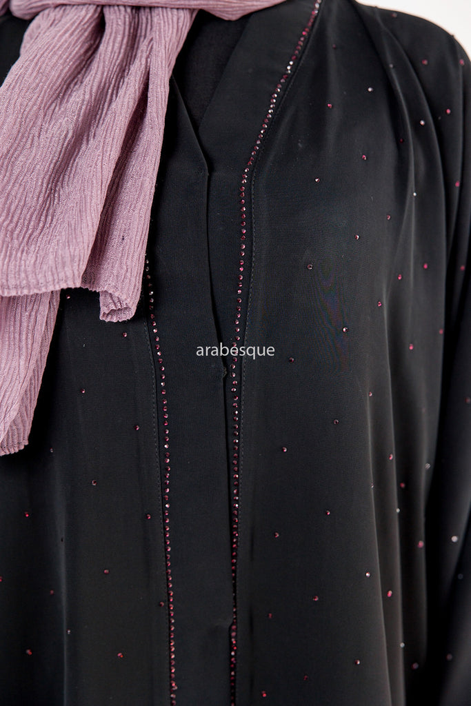 Black Open Abaya – Luxury Purple Diamanté Embellished Design