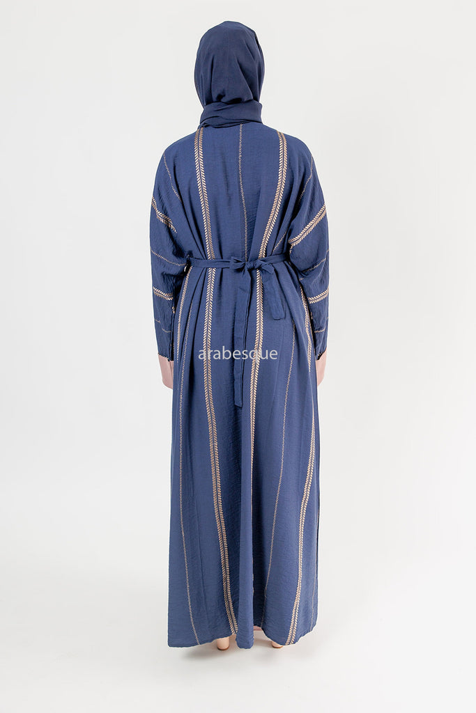 Navy Two-Piece Abaya Set – Luxurious Crushed Polyester with Gold Embroidery and Belt