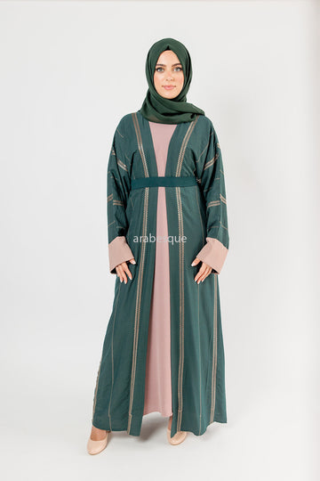 Green Crushed Polyester Gold Embroidery Two-Piece Abaya Set With Belt