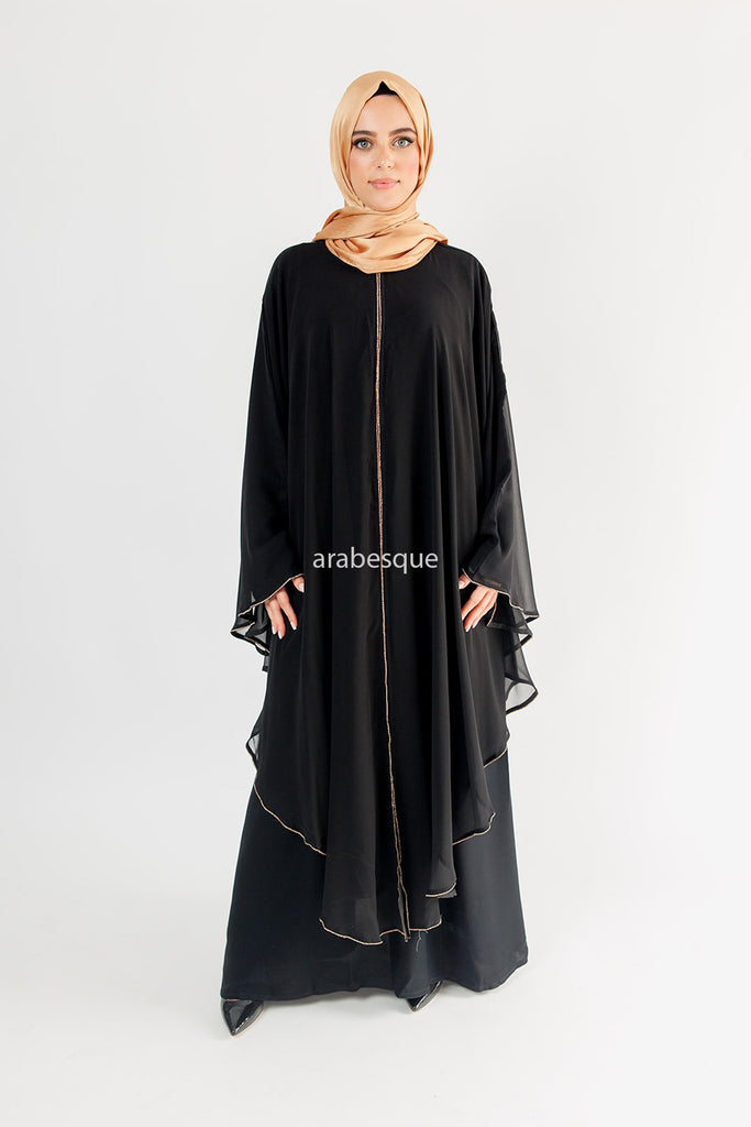 Black Closed Abaya – Luxury Chiffon Cape Overlay with Gold Piping & Diamante Detailing