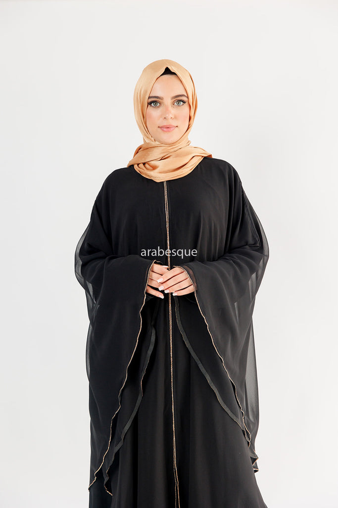 Black Closed Abaya – Luxury Chiffon Cape Overlay with Gold Piping & Diamante Detailing