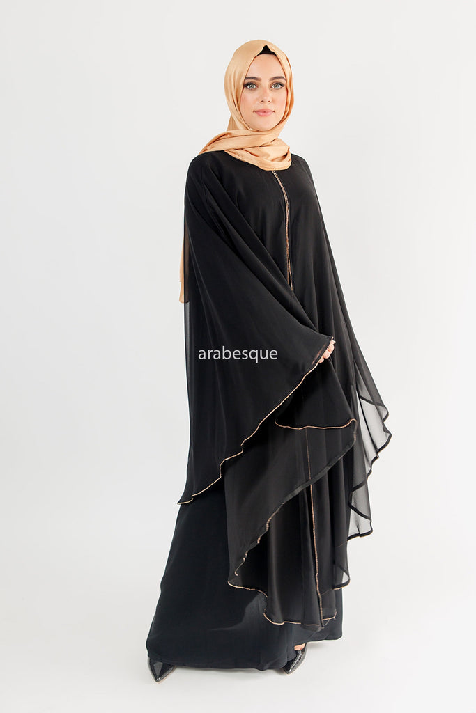 Black Closed Abaya – Luxury Chiffon Cape Overlay with Gold Piping & Diamante Detailing