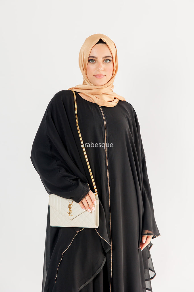 Black Closed Abaya – Luxury Chiffon Cape Overlay with Gold Piping & Diamante Detailing