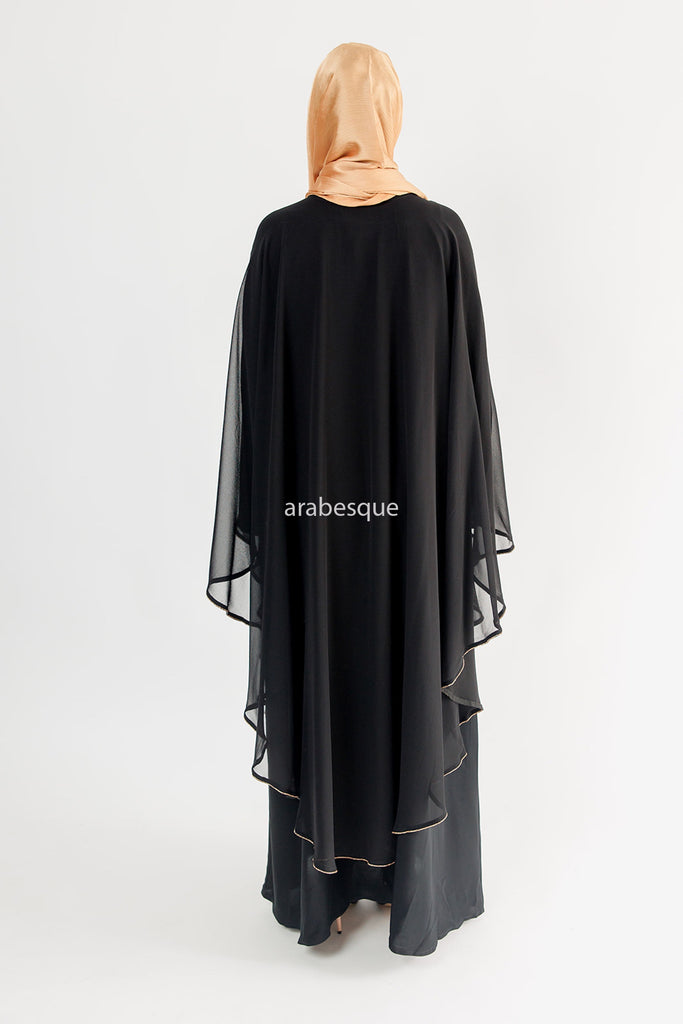Black Closed Abaya – Luxury Chiffon Cape Overlay with Gold Piping & Diamante Detailing