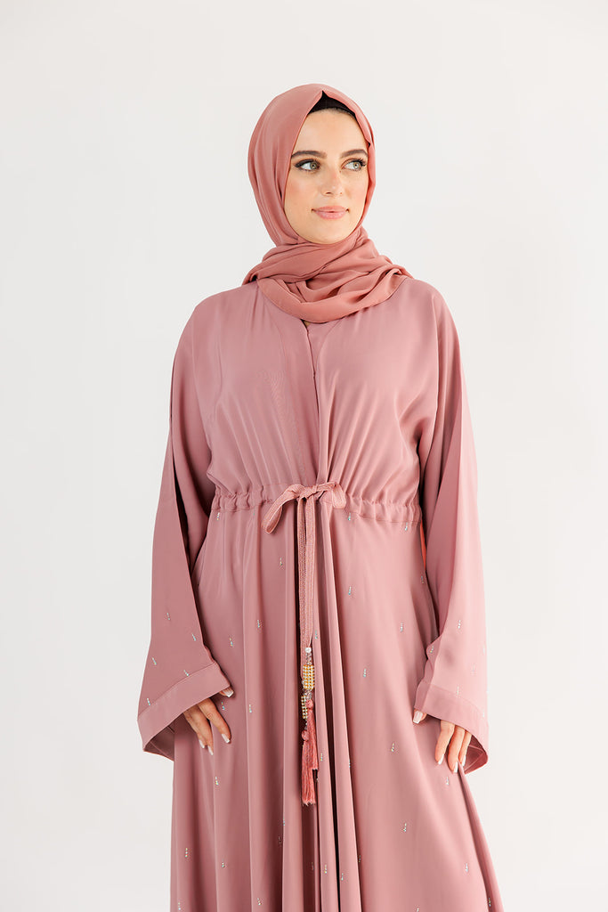 Blush Open Umbrella Abaya – Luxury Diamante Detailing with Inner Belt