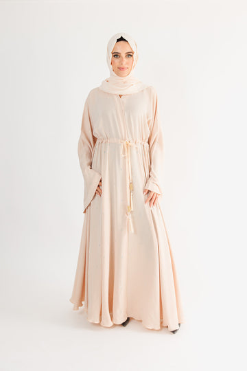 Light Peach Luxury Diamante Open Umbrella Abaya with Inner Belt