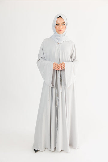 Grey Luxury Diamante Open Umbrella Abaya with Inner Belt