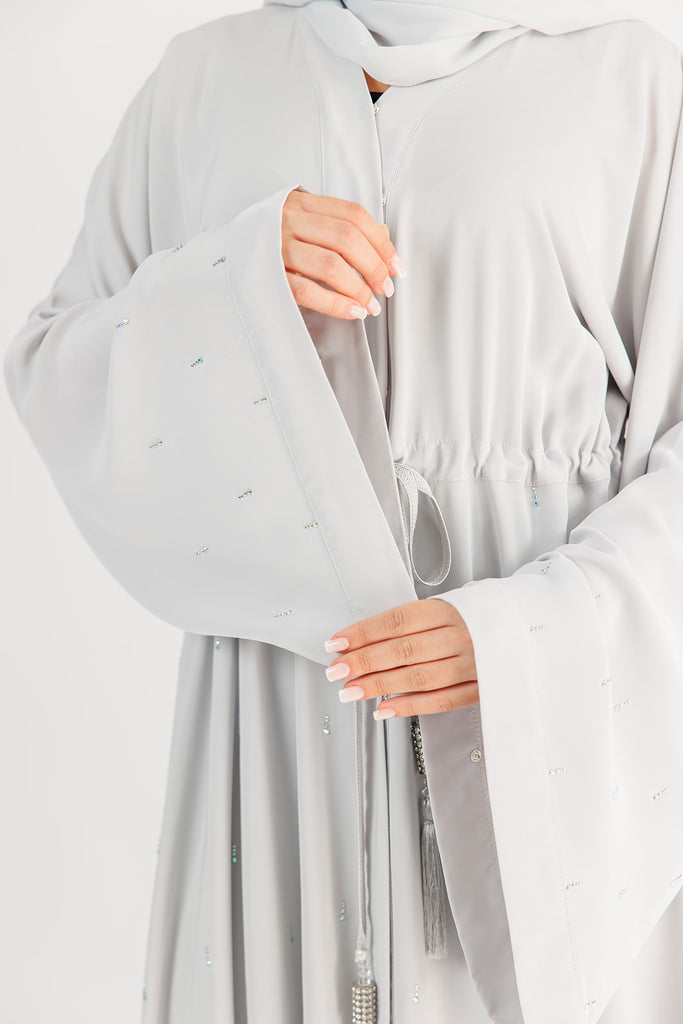 Grey Open Umbrella Abaya – Luxury Diamante Detailing with Inner Belt