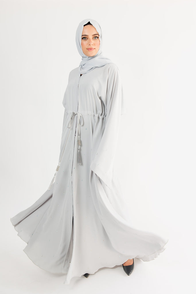 Grey Open Umbrella Abaya – Luxury Diamante Detailing with Inner Belt