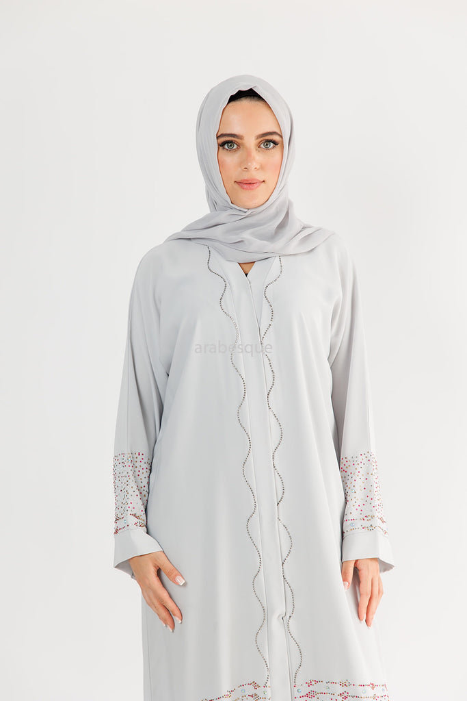 Grey Open Abaya – Luxury Nidha Fabric with Multicolour Crystal Detailing