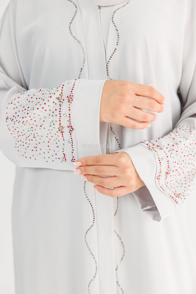 Grey Open Abaya – Luxury Nidha Fabric with Multicolour Crystal Detailing