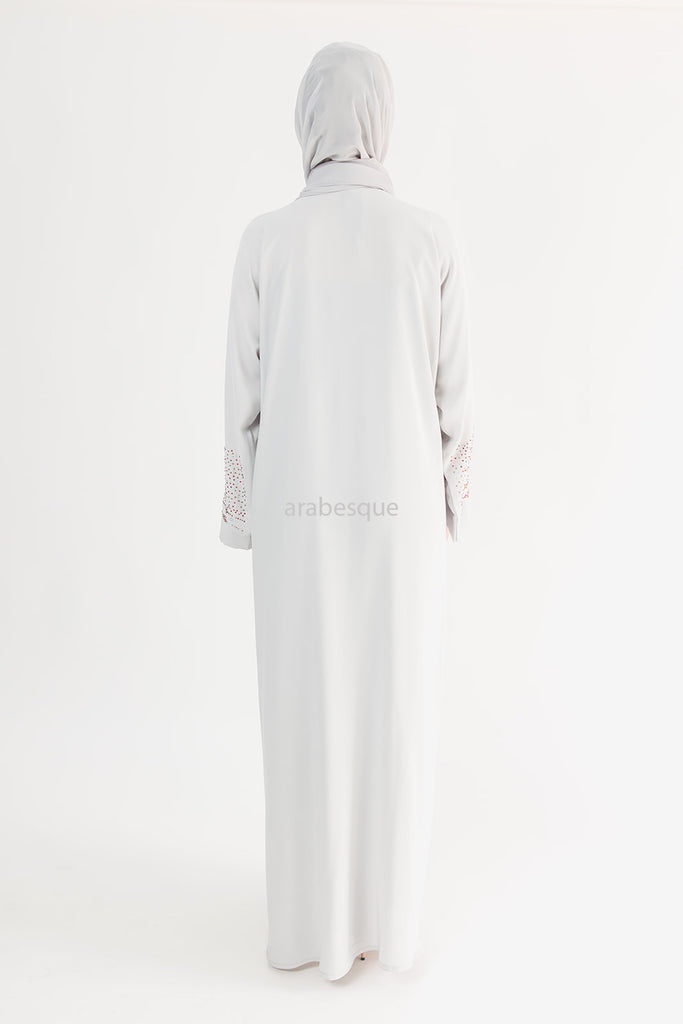Grey Open Abaya – Luxury Nidha Fabric with Multicolour Crystal Detailing