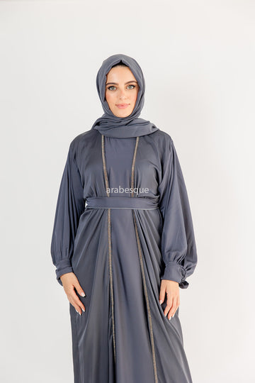 Grey 4 Piece Set Satin Open Abaya Set