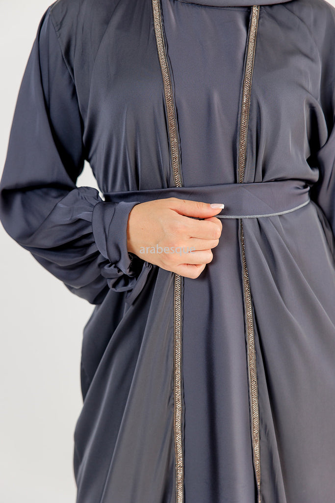 Grey 4 Piece Set Satin Open Abaya Set