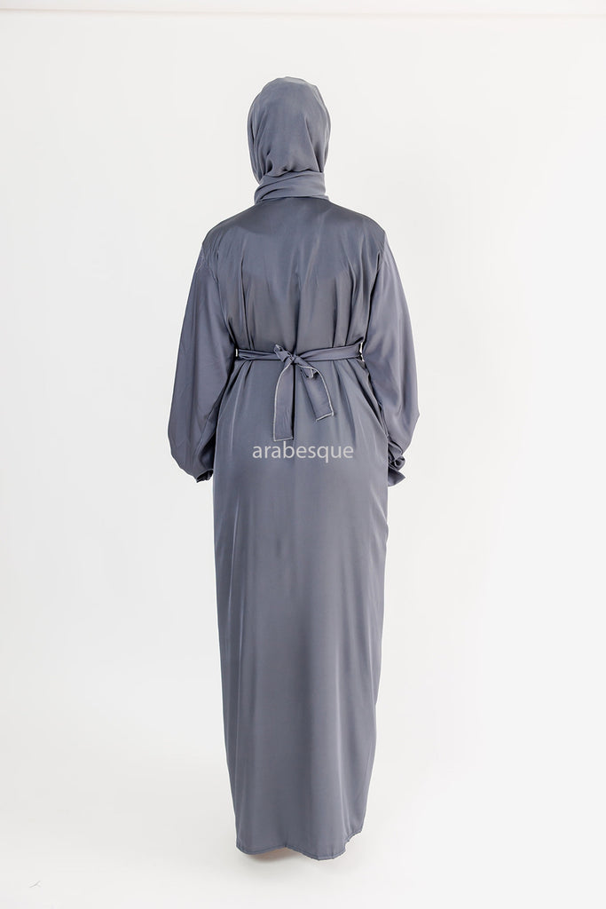 Grey 4 Piece Set Satin Open Abaya Set
