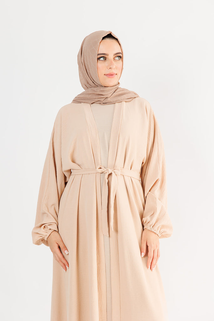Beige Two-Piece Abaya Set – Elegant Crushed Polyester Design