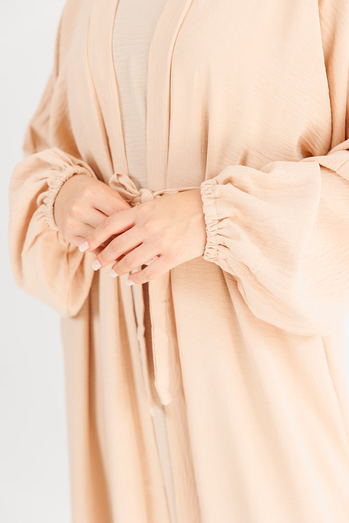 Beige Two-Piece Abaya Set – Elegant Crushed Polyester Design