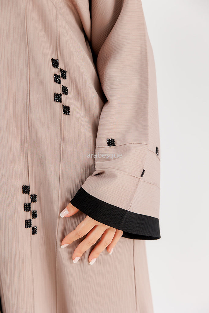 Pastel Brown Beaded Front Textured Closed Abaya