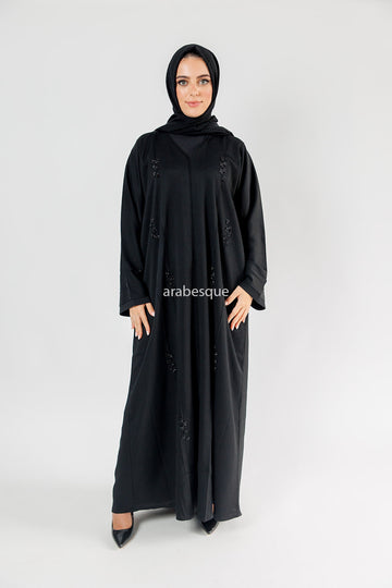 Black Beaded Front Textured Closed Abaya