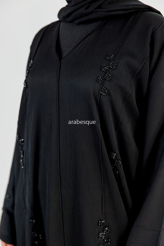 Black Beaded Front Textured Closed Abaya