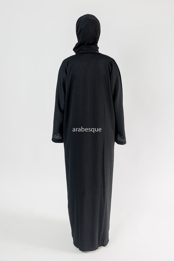 Black Beaded Front Textured Closed Abaya