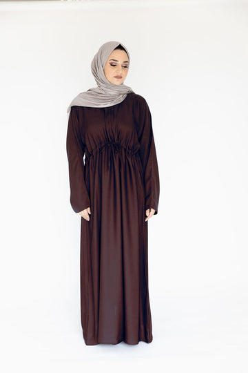 Brown Plain Nidha Draw String Closed Abaya