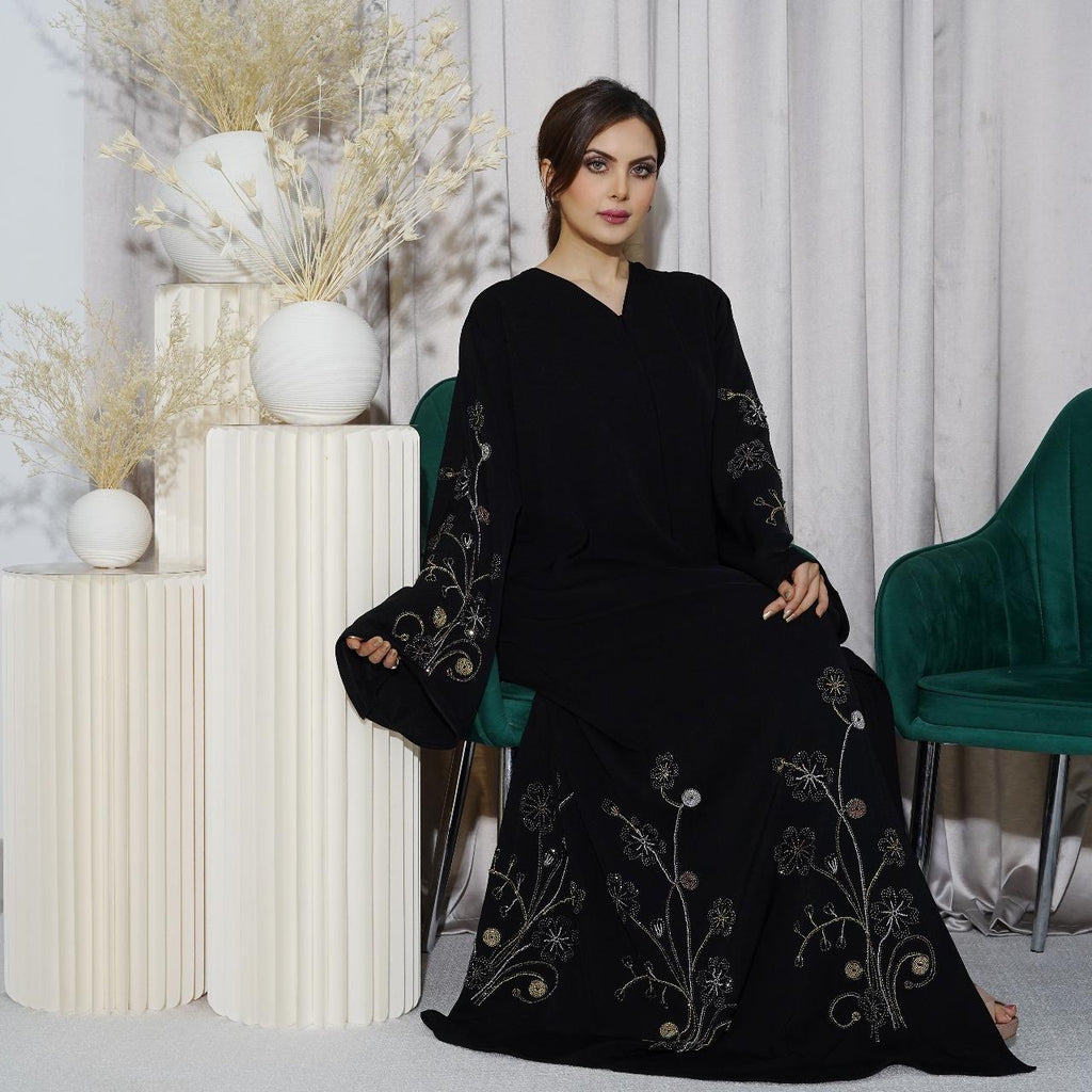 Black Open Abaya – Luxury Diamanté Floral Bloom Design