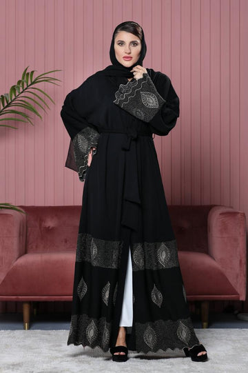 Black Leaf Embroidery Abaya with Intricate Sleeve & Hem Detailing