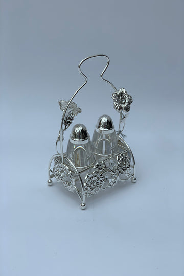 Silver Effect Salt and Pepper shaker set with stand