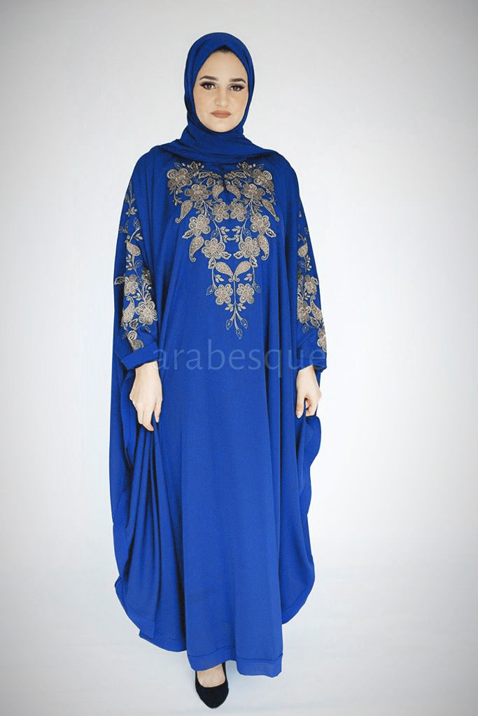 Blue Closed Abaya – Luxurious Gold Paisley Embroidered Batwing Design